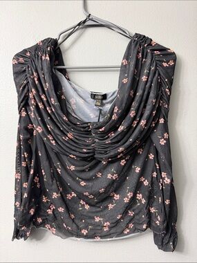 AFRM Lilith Ruched Top Black Top with Pink Floral Cowl Neck xLarge